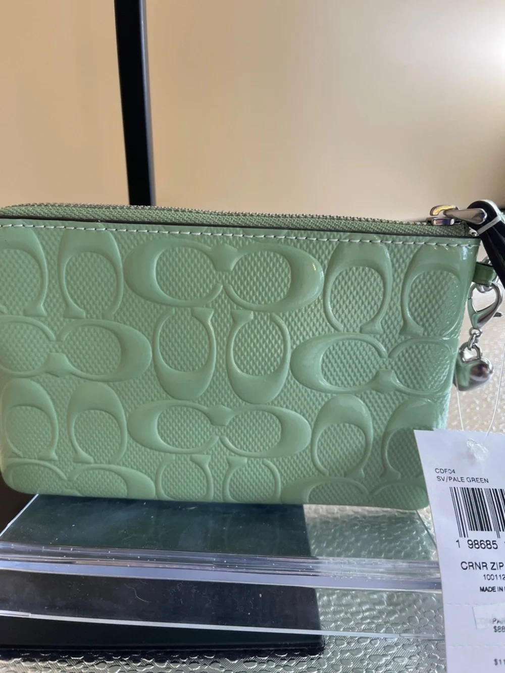 Coach Seafoam Green Embossed C Wristlet New with limited Charm - Picture 6 of 8